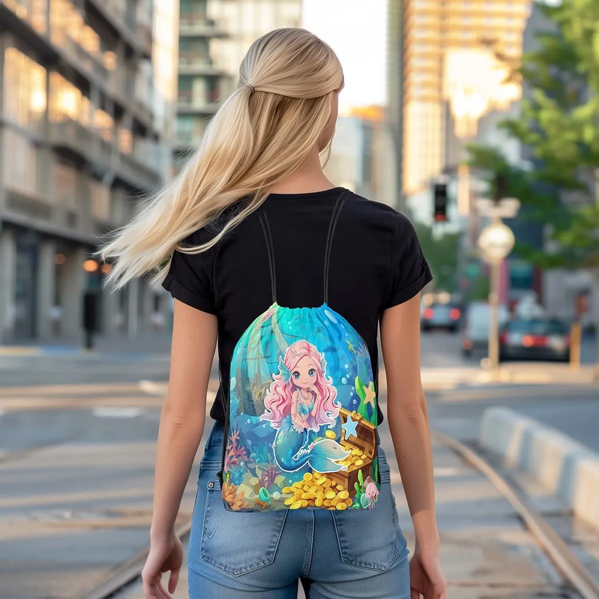 Erosebridal Mermaid Drawstring Backpack,Kawaii Mermaid Princess Draw String Back Bag,Coastal Marine Life Drawstring Bags,Underwater World String Backpack,Jellyfish Sailboat Cinch Bag 13x15.7