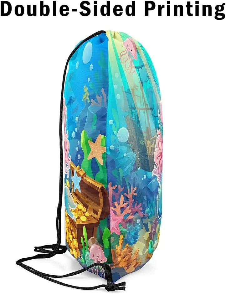 Erosebridal Mermaid Drawstring Backpack,Kawaii Mermaid Princess Draw String Back Bag,Coastal Marine Life Drawstring Bags,Underwater World String Backpack,Jellyfish Sailboat Cinch Bag 13x15.7