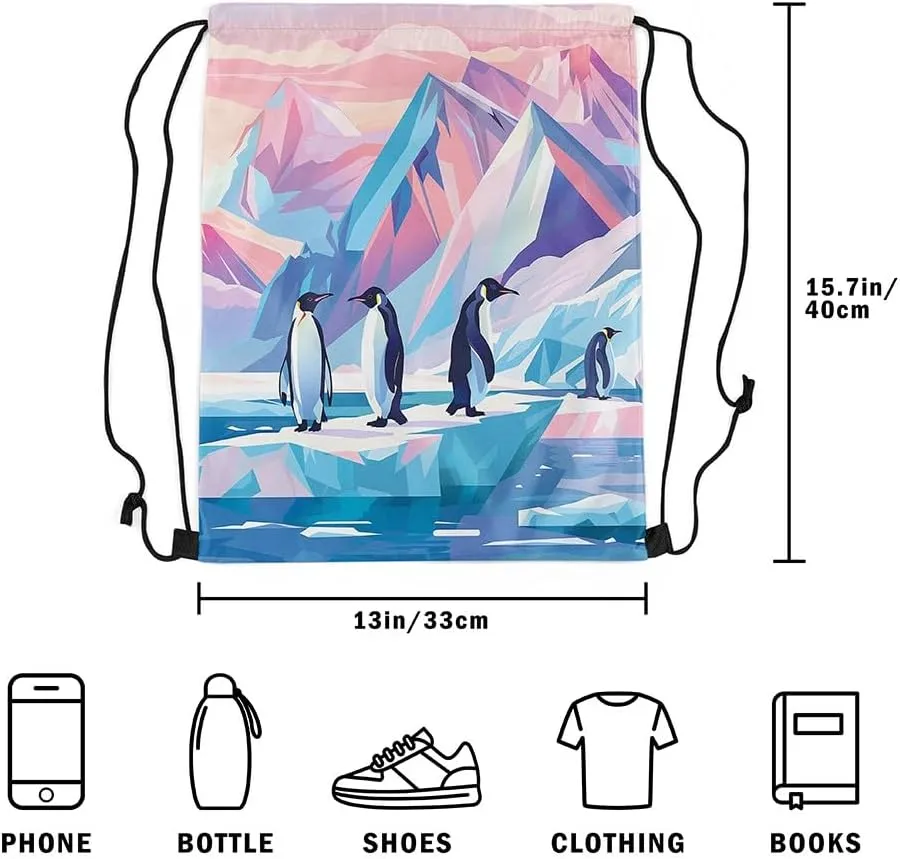 Erosebridal Penguin Drawstring Bags Cartoon Penguin Cinch Bag Foldable Kawaii Polar Animals String Backpack Pink Blue Iceberg Landscape Draw String Back Bag 13X15.7