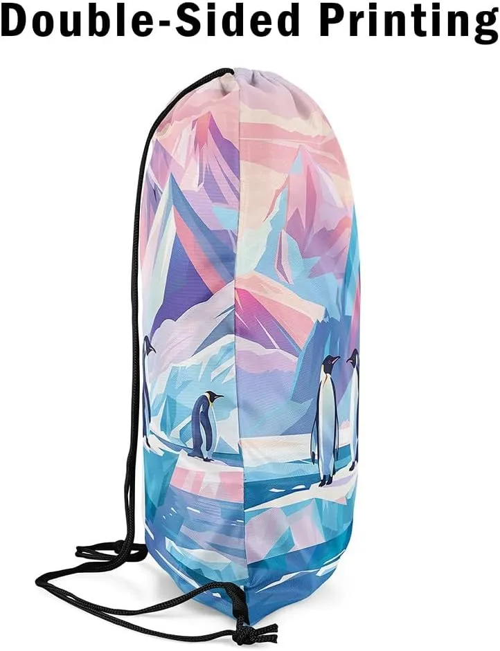 Erosebridal Penguin Drawstring Bags Cartoon Penguin Cinch Bag Foldable Kawaii Polar Animals String Backpack Pink Blue Iceberg Landscape Draw String Back Bag 13X15.7