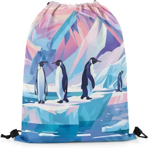Erosebridal Penguin Drawstring Bags Cartoon Penguin Cinch Bag Foldable Kawaii Polar Animals String Backpack Pink Blue Iceberg Landscape Draw String Back Bag 13X15.7