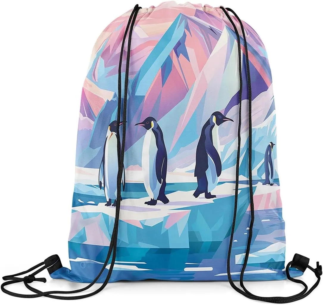 Erosebridal Penguin Drawstring Bags Cartoon Penguin Cinch Bag Foldable Kawaii Polar Animals String Backpack Pink Blue Iceberg Landscape Draw String Back Bag 13X15.7