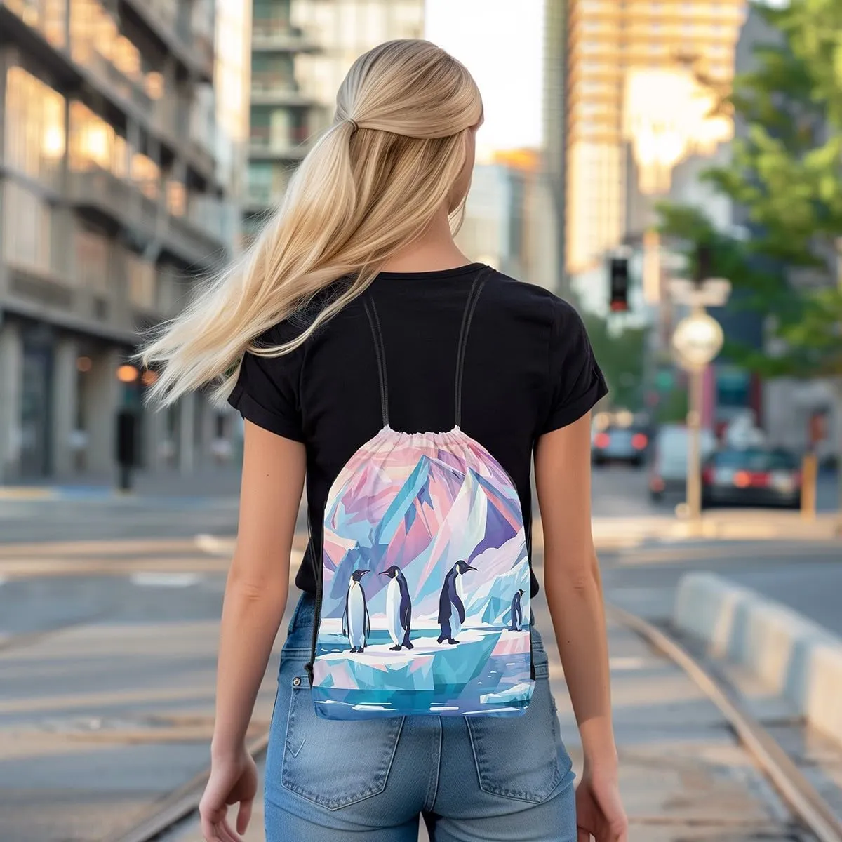 Erosebridal Penguin Drawstring Bags Cartoon Penguin Cinch Bag Foldable Kawaii Polar Animals String Backpack Pink Blue Iceberg Landscape Draw String Back Bag 13X15.7