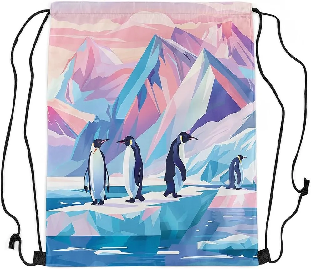Erosebridal Penguin Drawstring Bags Cartoon Penguin Cinch Bag Foldable Kawaii Polar Animals String Backpack Pink Blue Iceberg Landscape Draw String Back Bag 13X15.7