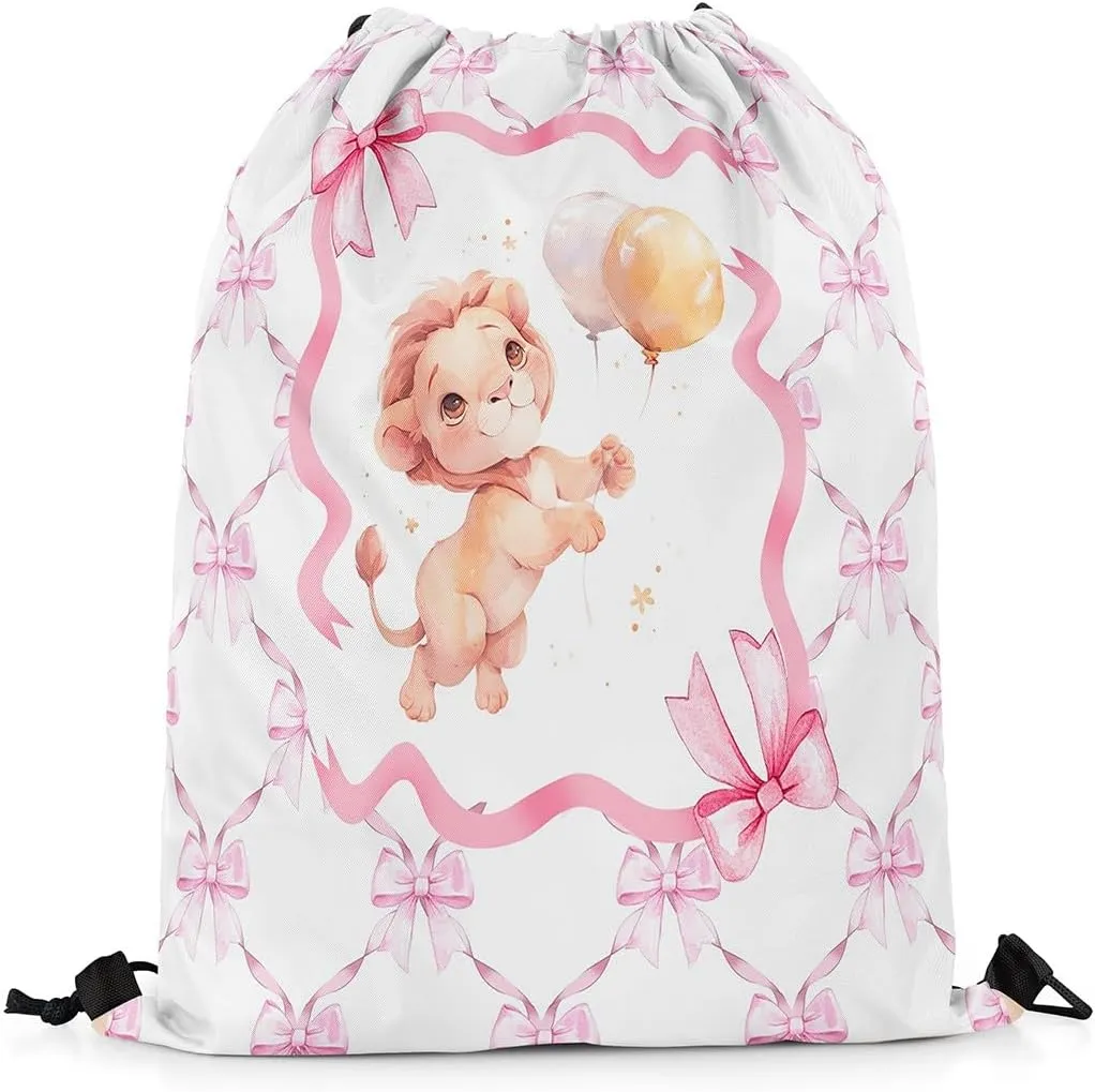 Erosebridal Pink Bow Knot Drawstring Backpack 13"x15.7" inch,Cartoon Lion Drawstring Bag,Princess Bowknot Draw String Back Bag,Cute Safari Animal String Backpack for Yoga Camping Travel