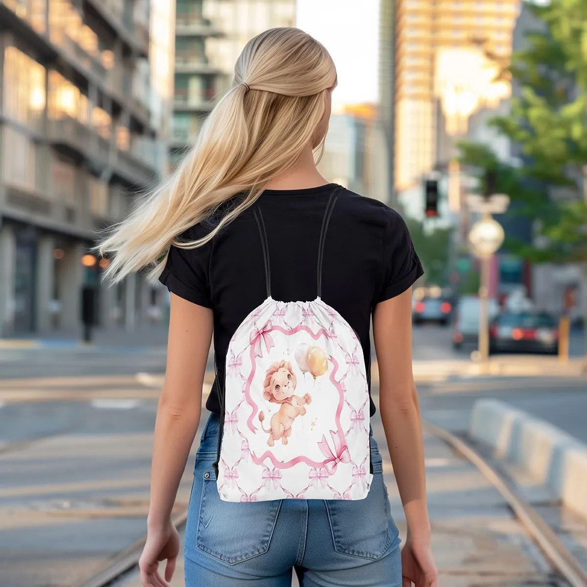 Erosebridal Pink Bow Knot Drawstring Backpack 13"x15.7" inch,Cartoon Lion Drawstring Bag,Princess Bowknot Draw String Back Bag,Cute Safari Animal String Backpack for Yoga Camping Travel