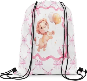 Erosebridal Pink Bow Knot Drawstring Backpack 13"x15.7" inch,Cartoon Lion Drawstring Bag,Princess Bowknot Draw String Back Bag,Cute Safari Animal String Backpack for Yoga Camping Travel