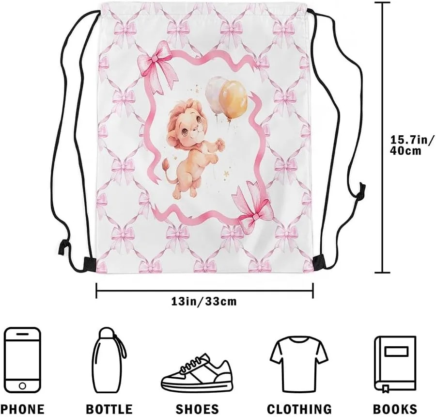 Erosebridal Pink Bow Knot Drawstring Backpack 13"x15.7" inch,Cartoon Lion Drawstring Bag,Princess Bowknot Draw String Back Bag,Cute Safari Animal String Backpack for Yoga Camping Travel