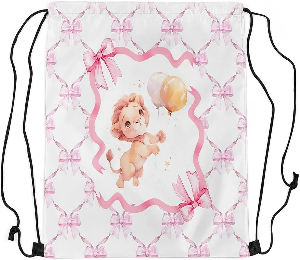 Erosebridal Pink Bow Knot Drawstring Backpack 13"x15.7" inch,Cartoon Lion Drawstring Bag,Princess Bowknot Draw String Back Bag,Cute Safari Animal String Backpack for Yoga Camping Travel