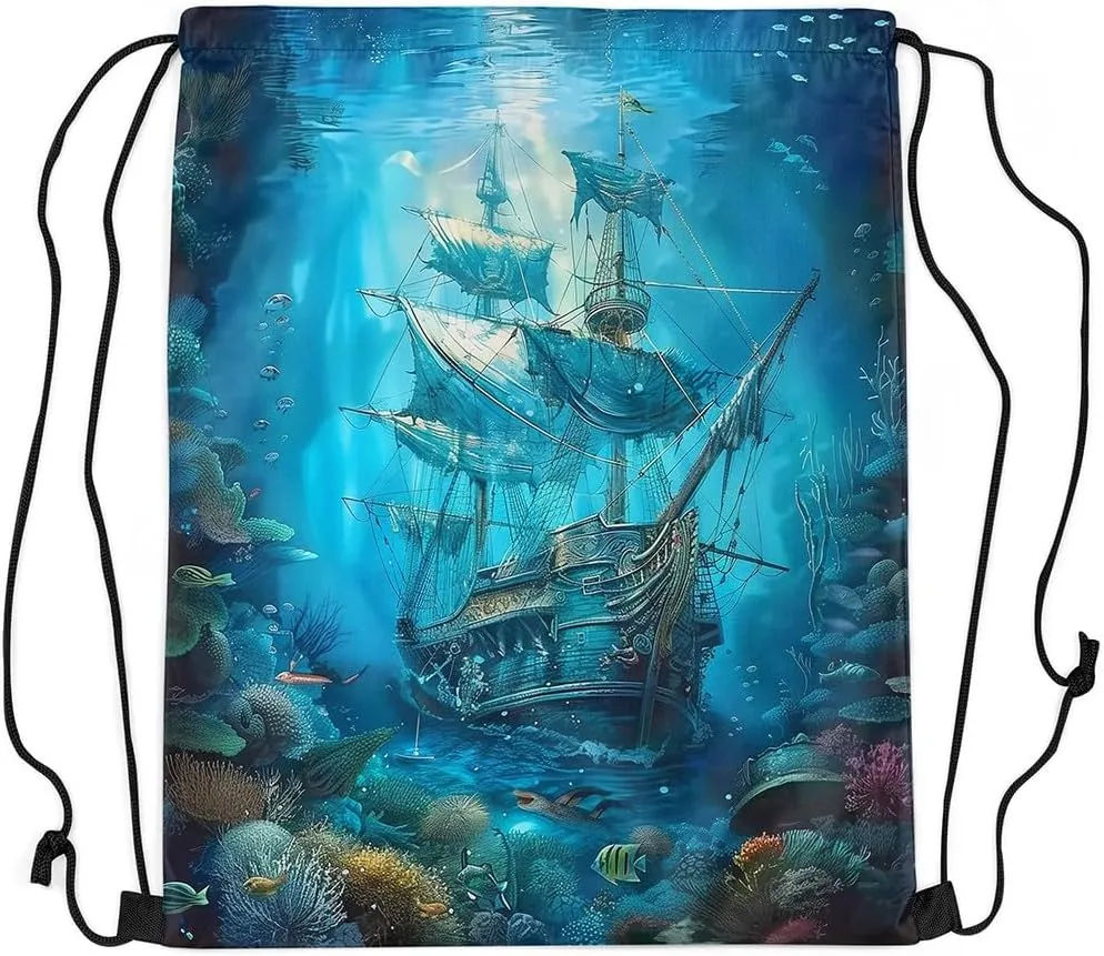 Erosebridal Sailboat Drawstring Backpack 13x15.7 for Sport Gym Swim Yoga Camping Trip,Pirate Sail Boat Drawstring Bags,Nautical Marine Draw String Back Bag,Coastal Sailing Ship String Backpack