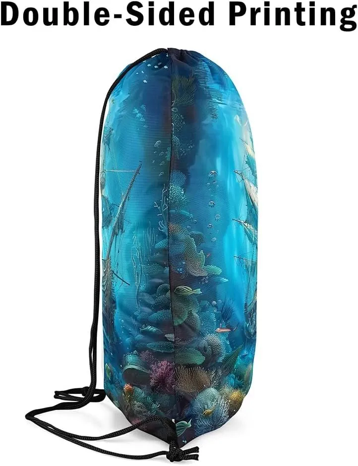 Erosebridal Sailboat Drawstring Backpack 13x15.7 for Sport Gym Swim Yoga Camping Trip,Pirate Sail Boat Drawstring Bags,Nautical Marine Draw String Back Bag,Coastal Sailing Ship String Backpack