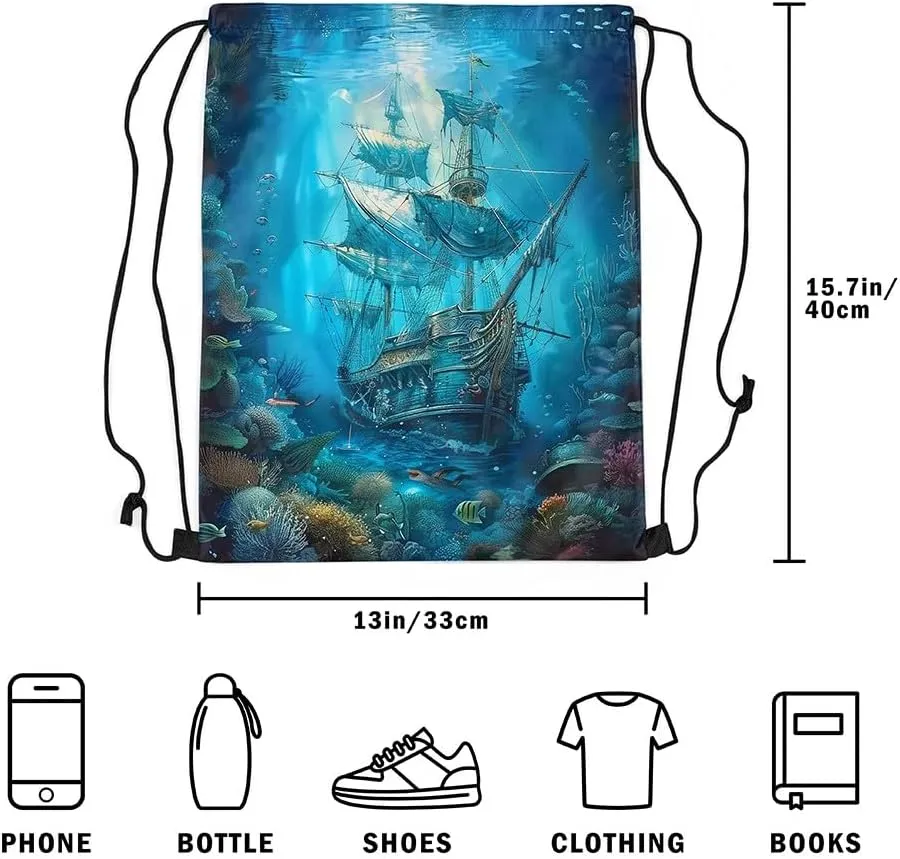 Erosebridal Sailboat Drawstring Backpack 13x15.7 for Sport Gym Swim Yoga Camping Trip,Pirate Sail Boat Drawstring Bags,Nautical Marine Draw String Back Bag,Coastal Sailing Ship String Backpack