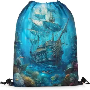 Erosebridal Sailboat Drawstring Backpack 13x15.7 for Sport Gym Swim Yoga Camping Trip,Pirate Sail Boat Drawstring Bags,Nautical Marine Draw String Back Bag,Coastal Sailing Ship String Backpack