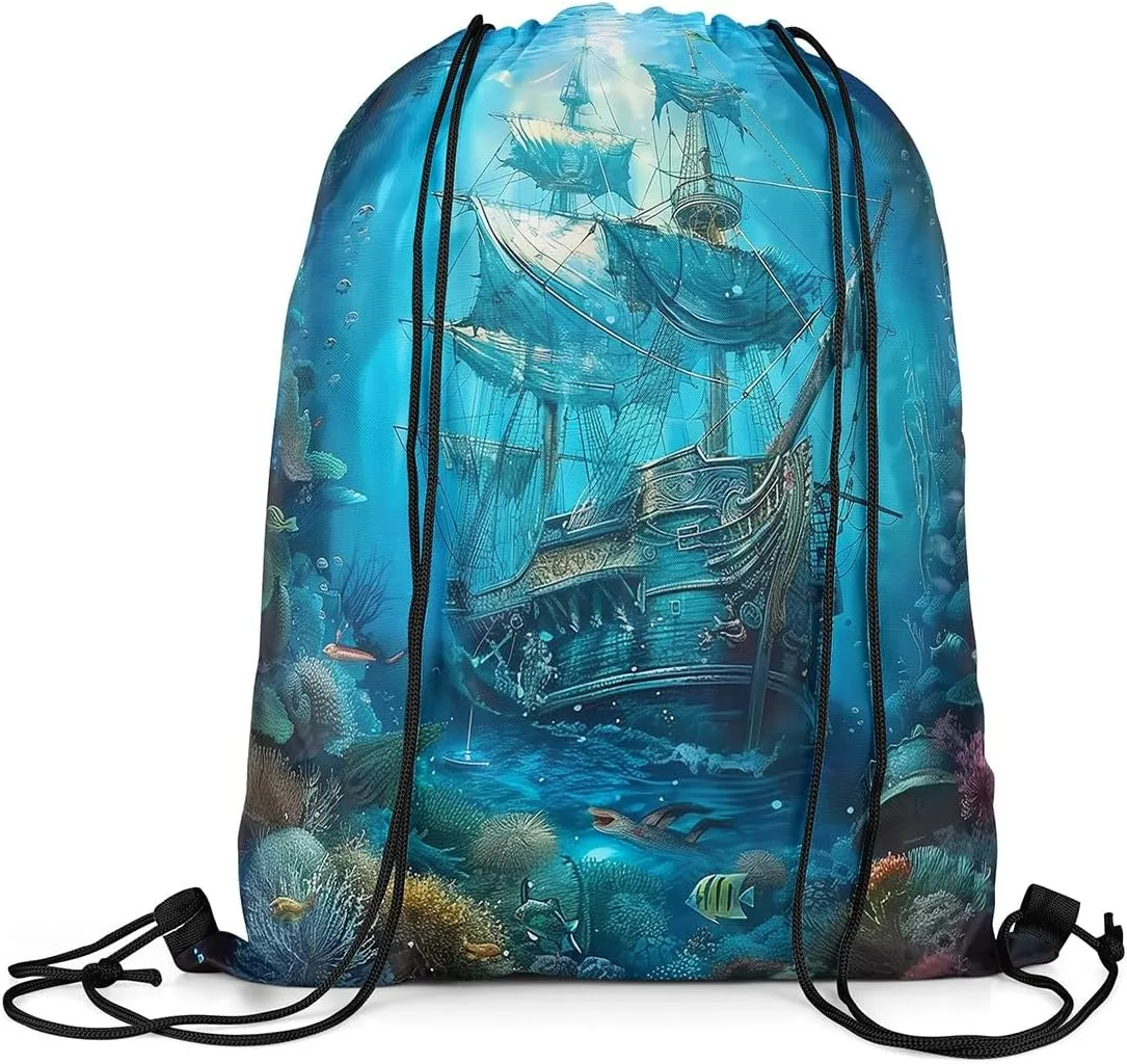 Erosebridal Sailboat Drawstring Backpack 13x15.7 for Sport Gym Swim Yoga Camping Trip,Pirate Sail Boat Drawstring Bags,Nautical Marine Draw String Back Bag,Coastal Sailing Ship String Backpack