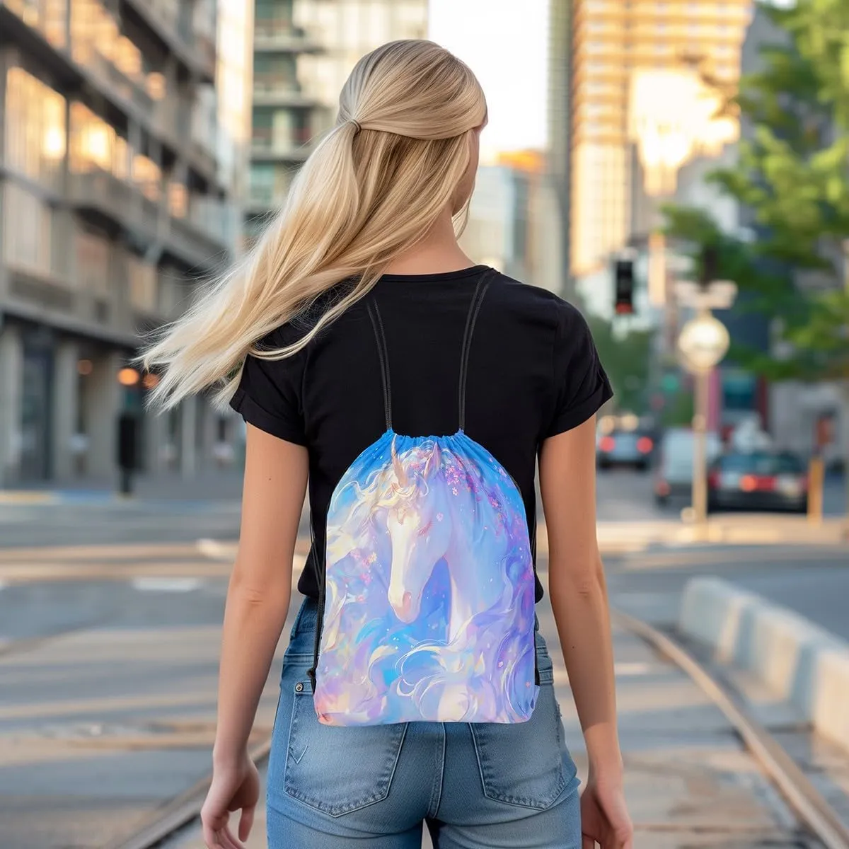 Erosebridal Unicorn Drawstring Backpack 13x15.7 Fantasy Horse Drawstring Bags Blue Mystical Wildlife Draw String Back Bag Oil Painting Cartoon Animal Spring Petals String Backpack
