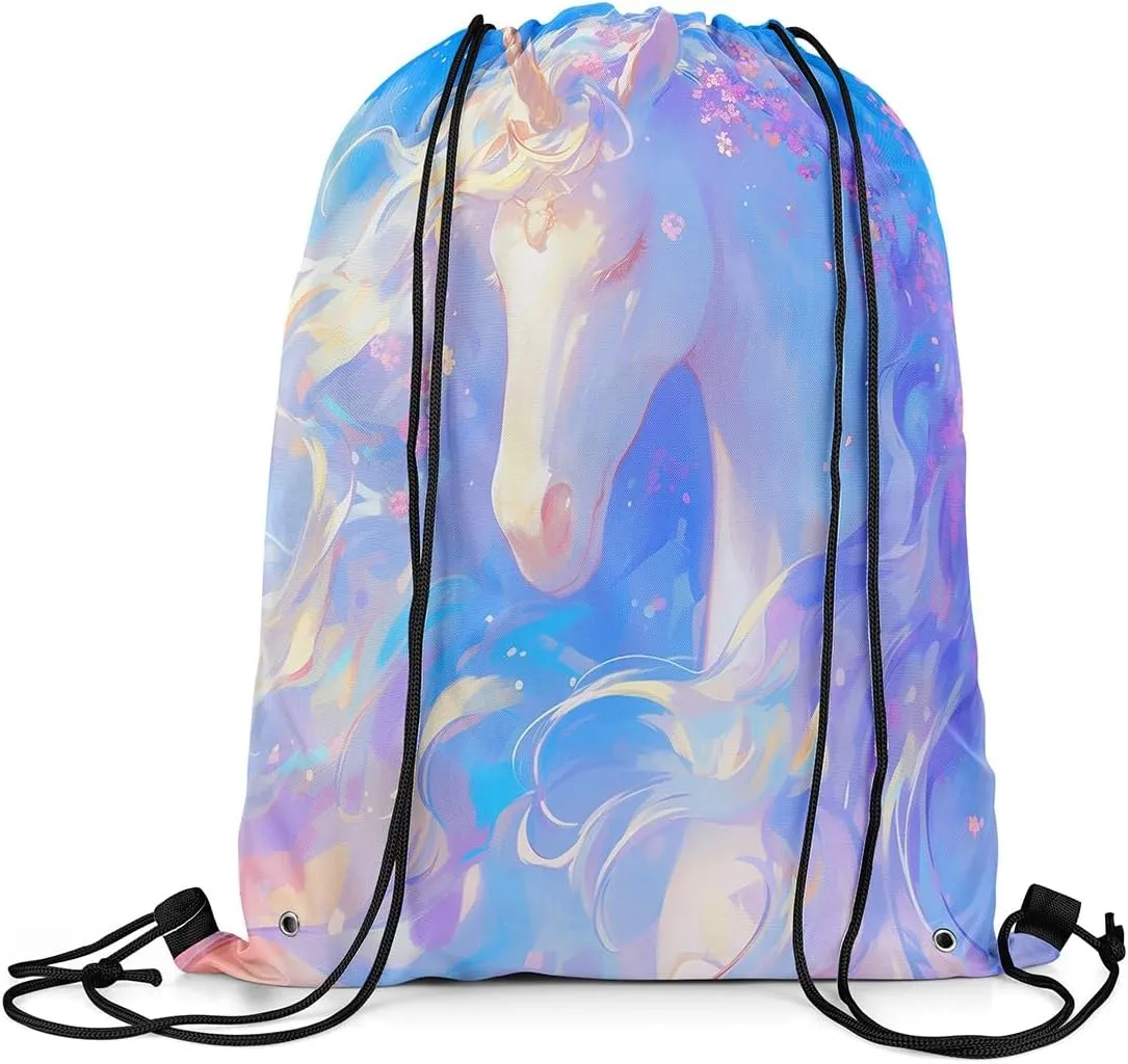 Erosebridal Unicorn Drawstring Backpack 13x15.7 Fantasy Horse Drawstring Bags Blue Mystical Wildlife Draw String Back Bag Oil Painting Cartoon Animal Spring Petals String Backpack