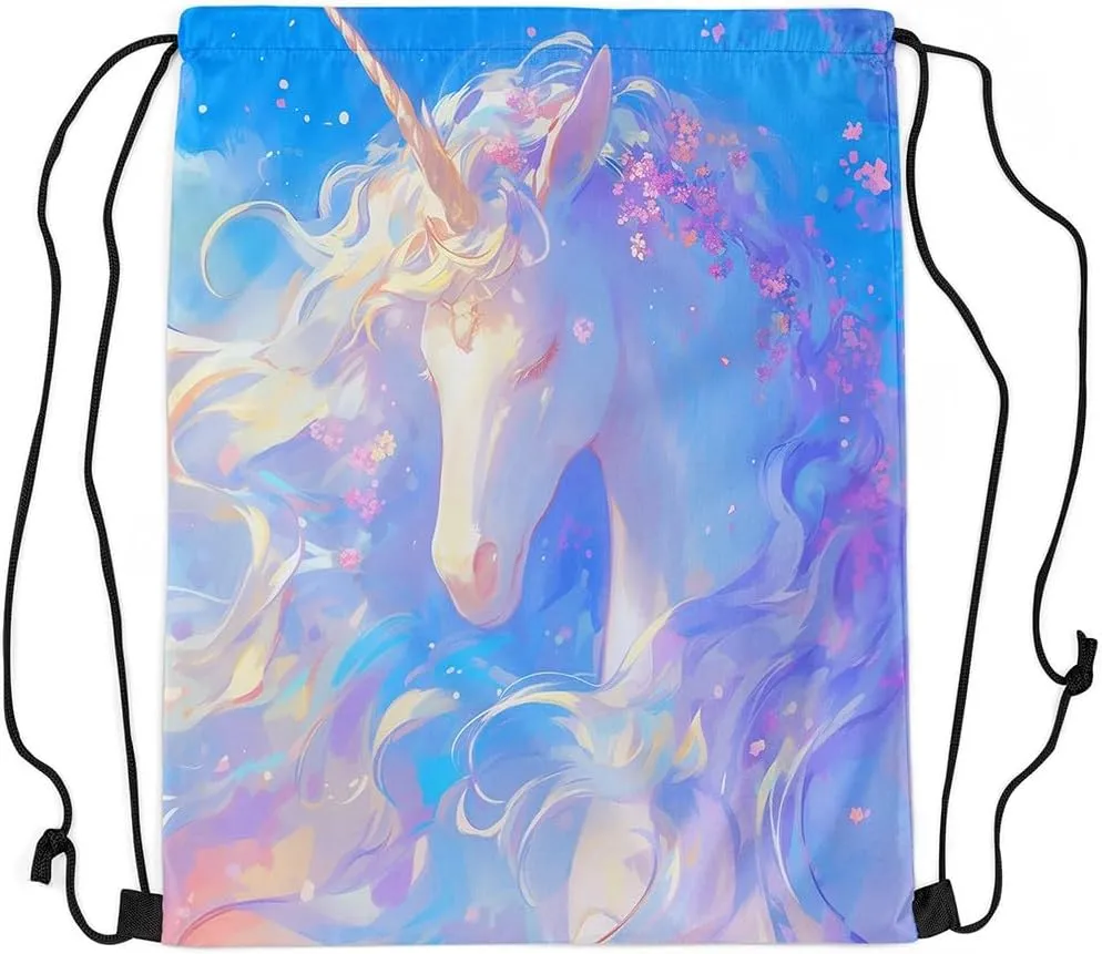 Erosebridal Unicorn Drawstring Backpack 13x15.7 Fantasy Horse Drawstring Bags Blue Mystical Wildlife Draw String Back Bag Oil Painting Cartoon Animal Spring Petals String Backpack