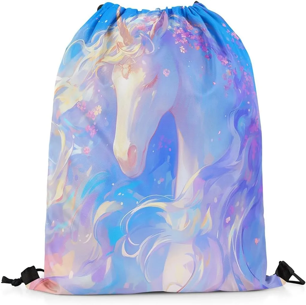 Erosebridal Unicorn Drawstring Backpack 13x15.7 Fantasy Horse Drawstring Bags Blue Mystical Wildlife Draw String Back Bag Oil Painting Cartoon Animal Spring Petals String Backpack
