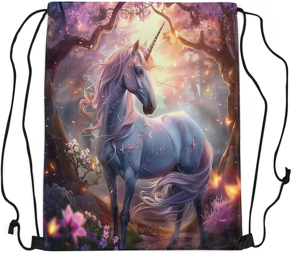 Erosebridal Unicorn Drawstring Backpack 13x15.7 Fantasy Horse Drawstring Bags Pink Gold Mystical Wildlife Draw String Back Bag 3D Butterflies Woodland Tree Flowers String Backpack