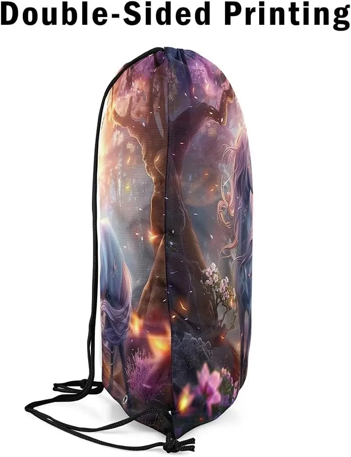 Erosebridal Unicorn Drawstring Backpack 13x15.7 Fantasy Horse Drawstring Bags Pink Gold Mystical Wildlife Draw String Back Bag 3D Butterflies Woodland Tree Flowers String Backpack