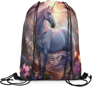 Erosebridal Unicorn Drawstring Backpack 13x15.7 Fantasy Horse Drawstring Bags Pink Gold Mystical Wildlife Draw String Back Bag 3D Butterflies Woodland Tree Flowers String Backpack