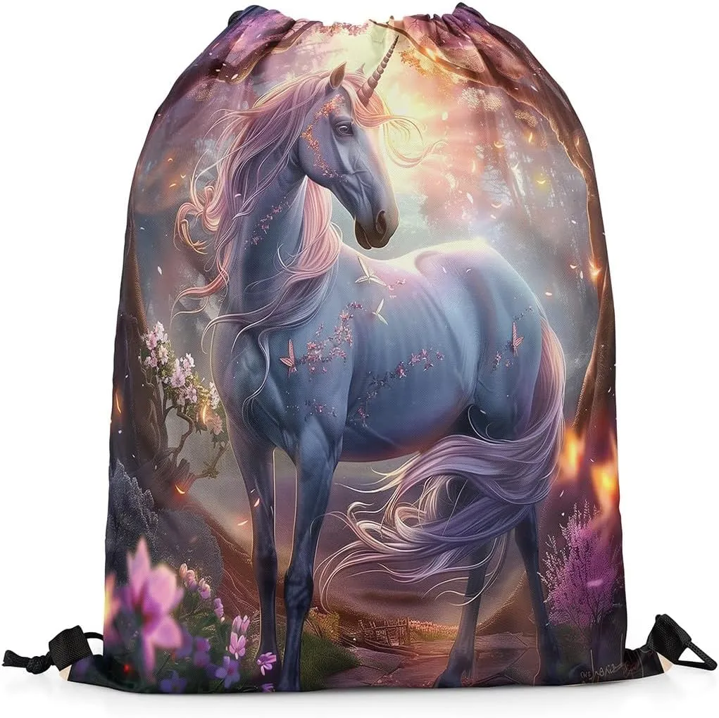 Erosebridal Unicorn Drawstring Backpack 13x15.7 Fantasy Horse Drawstring Bags Pink Gold Mystical Wildlife Draw String Back Bag 3D Butterflies Woodland Tree Flowers String Backpack