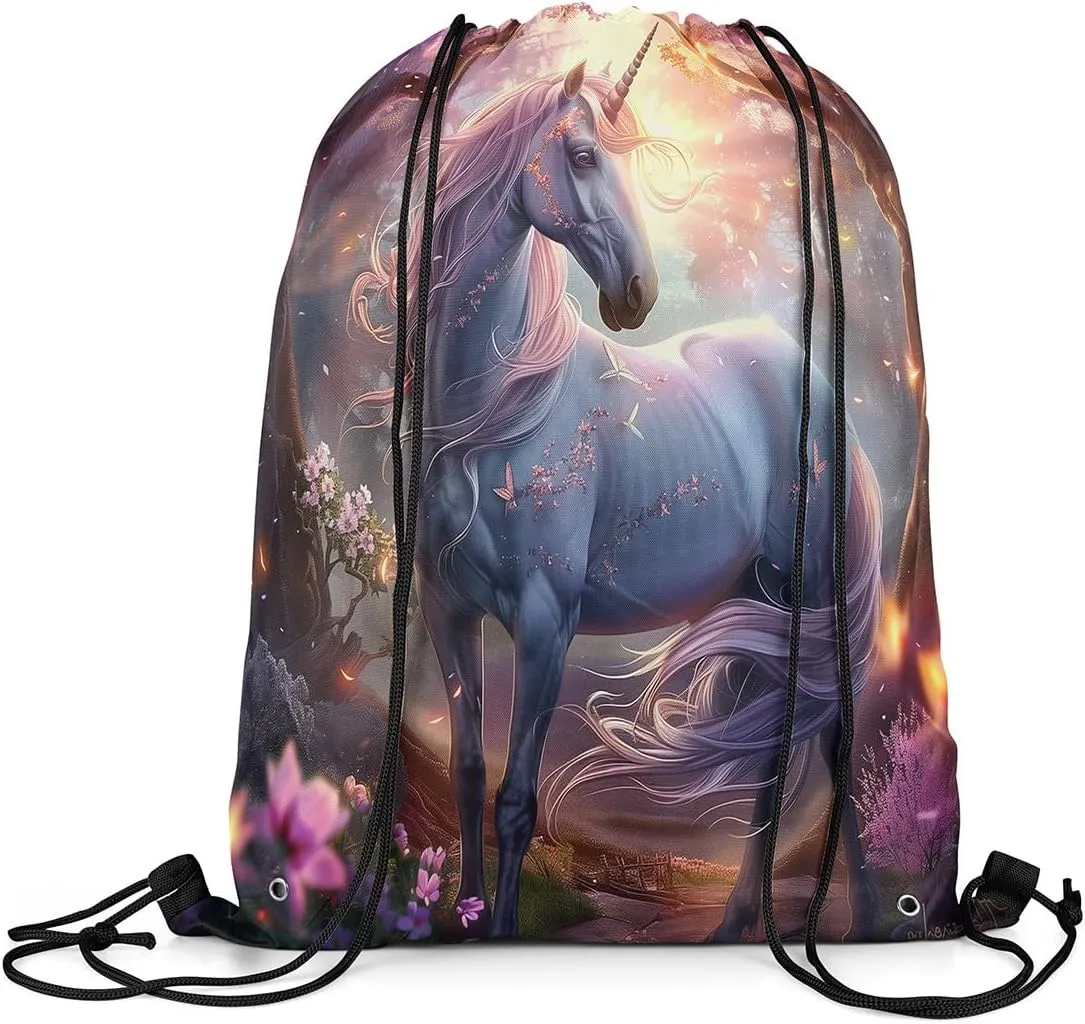 Erosebridal Unicorn Drawstring Backpack 13x15.7 Fantasy Horse Drawstring Bags Pink Gold Mystical Wildlife Draw String Back Bag 3D Butterflies Woodland Tree Flowers String Backpack
