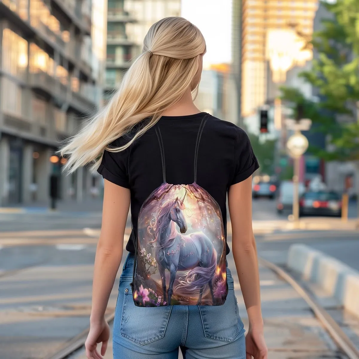 Erosebridal Unicorn Drawstring Backpack 13x15.7 Fantasy Horse Drawstring Bags Pink Gold Mystical Wildlife Draw String Back Bag 3D Butterflies Woodland Tree Flowers String Backpack