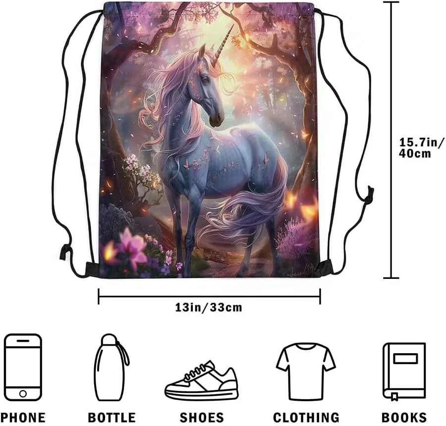 Erosebridal Unicorn Drawstring Backpack 13x15.7 Fantasy Horse Drawstring Bags Pink Gold Mystical Wildlife Draw String Back Bag 3D Butterflies Woodland Tree Flowers String Backpack