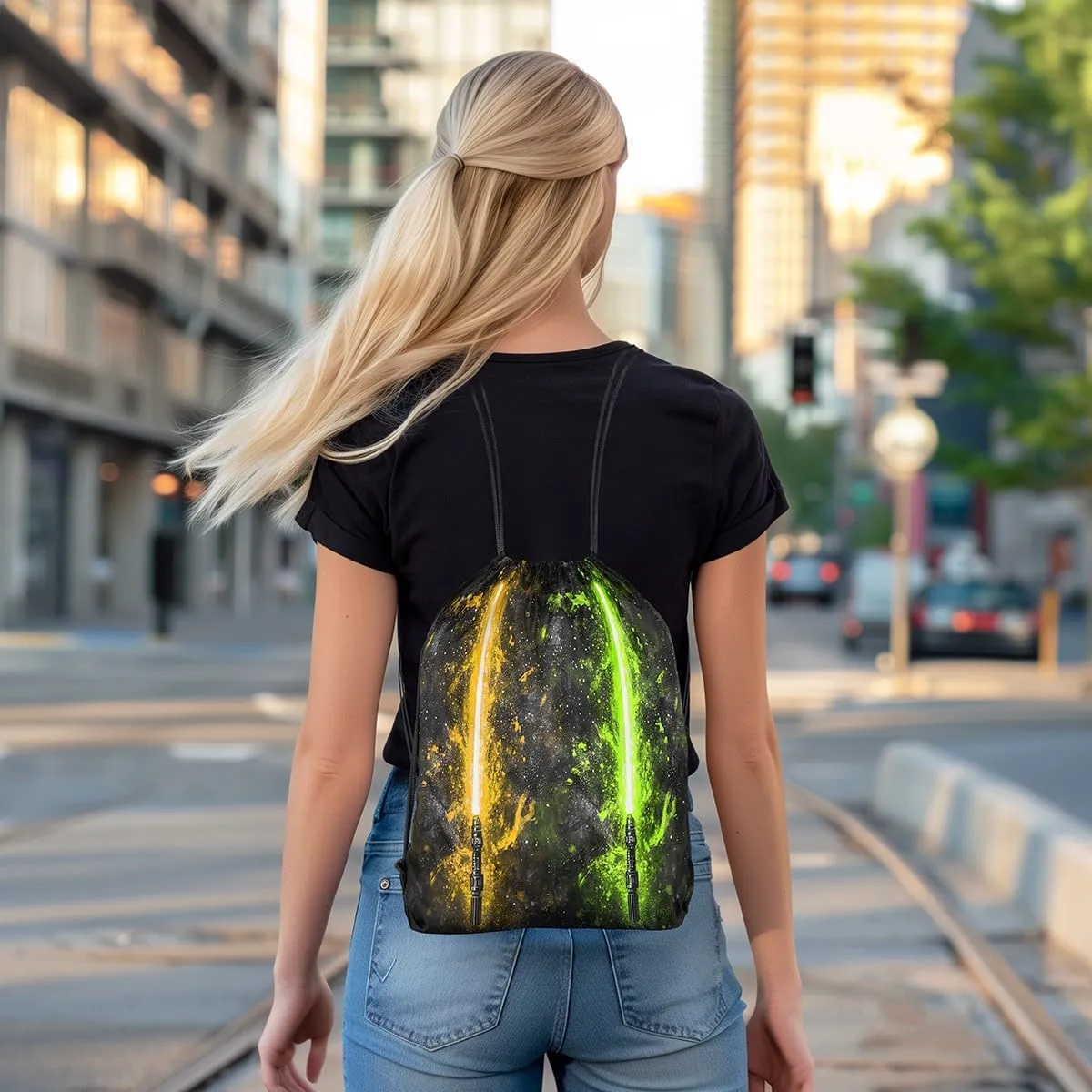 Erosebridal Yellow Green Lightsaber Draw String Back Bag 13x15.7, Neon Glowing Lightning Drawstring Backpack, Fashion Games Light Sword Drawstring Bags Starry Sky Galaxy String Backpack for Sport Gym