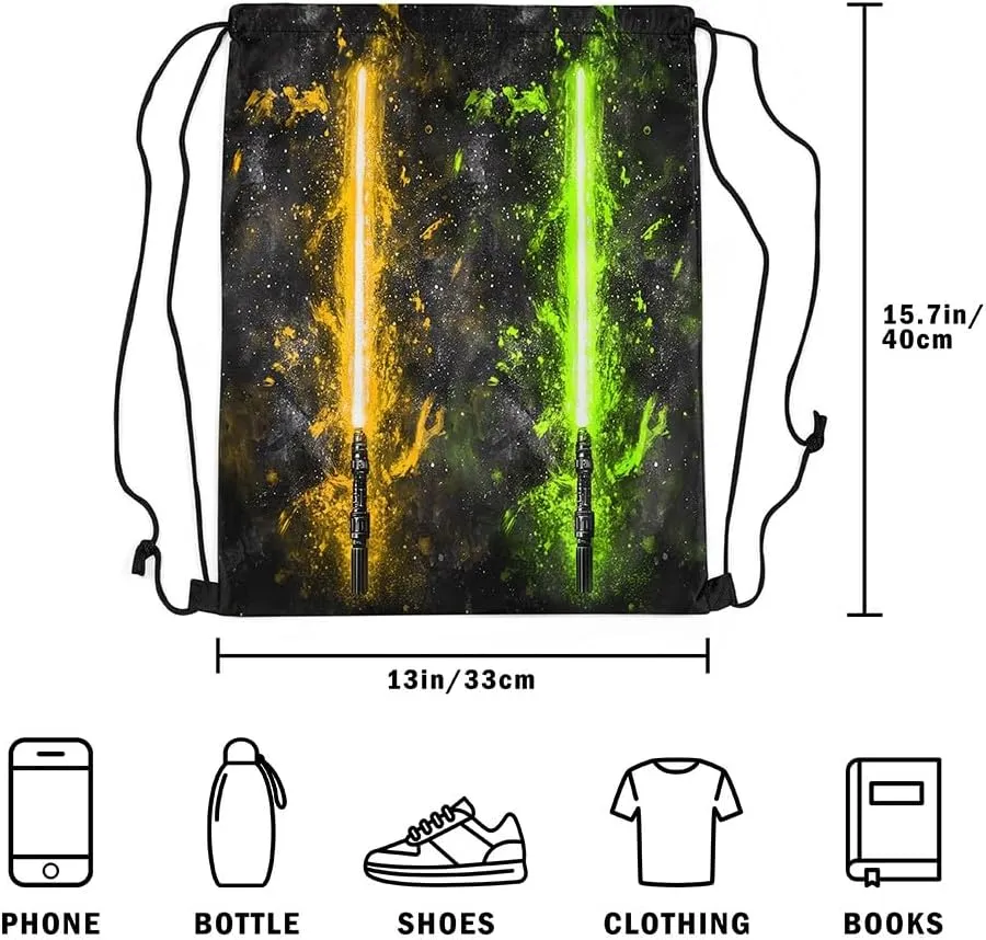 Erosebridal Yellow Green Lightsaber Draw String Back Bag 13x15.7, Neon Glowing Lightning Drawstring Backpack, Fashion Games Light Sword Drawstring Bags Starry Sky Galaxy String Backpack for Sport Gym