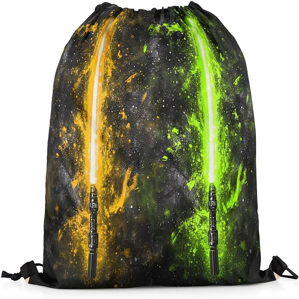 Erosebridal Yellow Green Lightsaber Draw String Back Bag 13x15.7, Neon Glowing Lightning Drawstring Backpack, Fashion Games Light Sword Drawstring Bags Starry Sky Galaxy String Backpack for Sport Gym