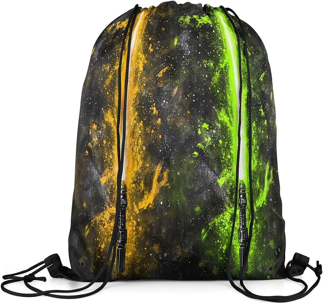 Erosebridal Yellow Green Lightsaber Draw String Back Bag 13x15.7, Neon Glowing Lightning Drawstring Backpack, Fashion Games Light Sword Drawstring Bags Starry Sky Galaxy String Backpack for Sport Gym