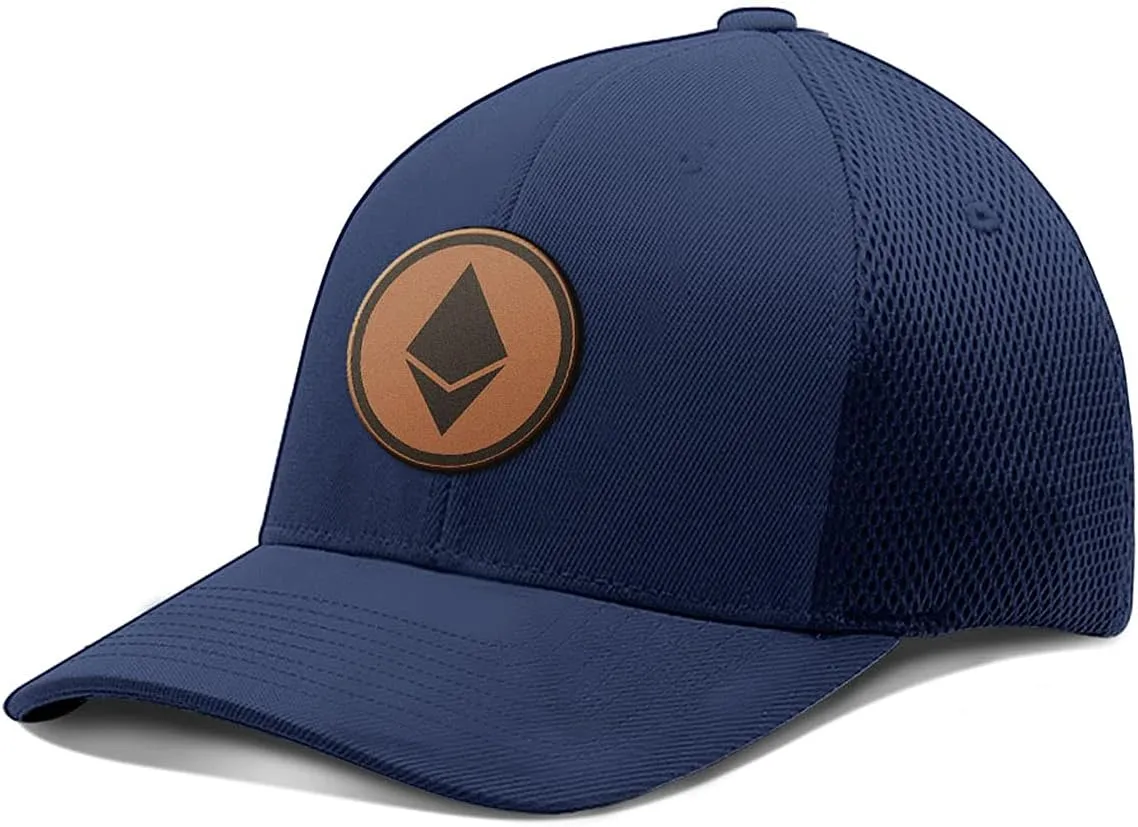 Ethereum Leather Patch Hat Fitted Flexfit Hats Crypto Baseball Cap Ultrafibre Breathable Mesh Side for Casual Wear