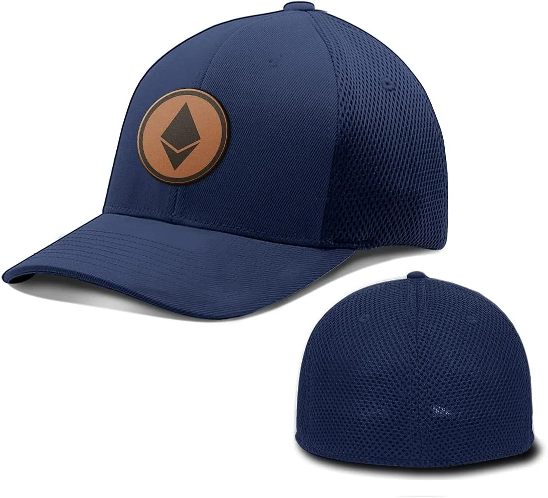 Ethereum Leather Patch Hat Fitted Flexfit Hats Crypto Baseball Cap Ultrafibre Breathable Mesh Side for Casual Wear