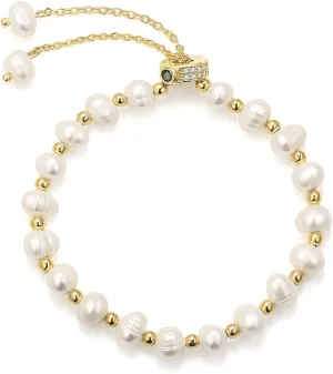 EVER FAITH Vintage Gold Plated Charm Baroque Freshwater Pearls Bracelet Dainty Wedding Bridal Adjustable Beaded Chain Jewelry for Women