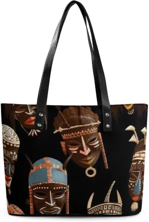 Exquisite Leather Lady's Handbag, African Ritual Ethnic Tribal Printed Handbag Lychee Patterned Leather Handbag Suitable for Women for Travel, Fitness, And Commuting
