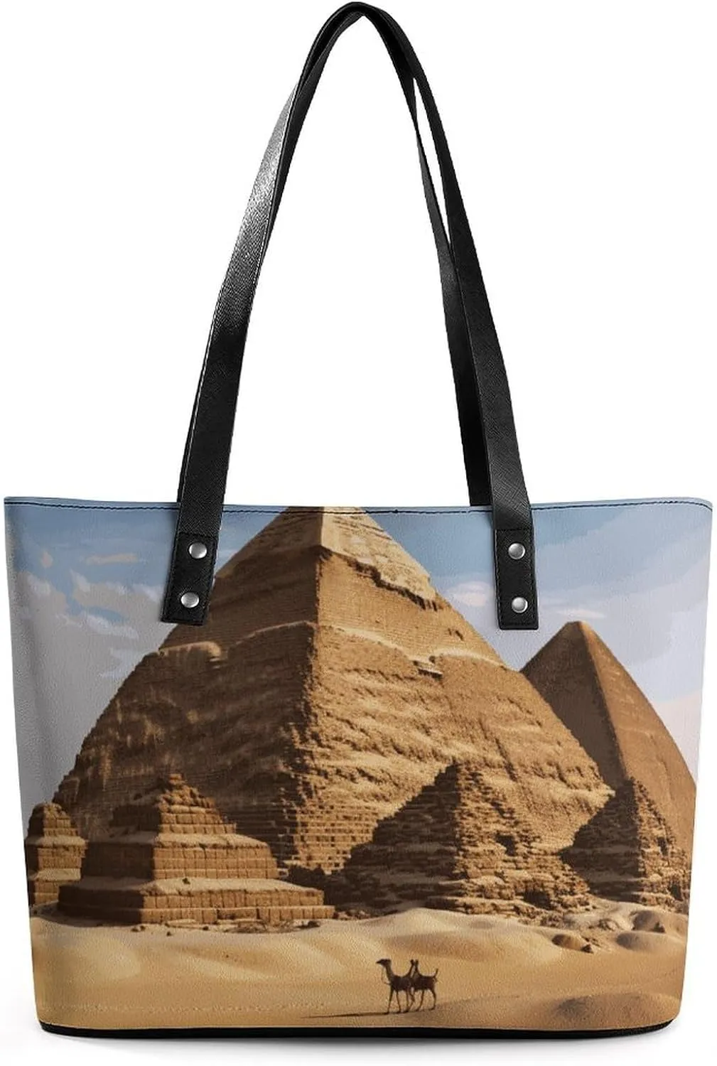 Exquisite Leather Lady's Handbag, Ancient Egypt Pyramid Printed Handbag Lychee Patterned Leather Handbag Suitable for Women for Travel, Fitness, And Commuting
