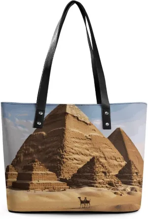 Exquisite Leather Lady's Handbag, Ancient Egypt Pyramid Printed Handbag Lychee Patterned Leather Handbag Suitable for Women for Travel, Fitness, And Commuting