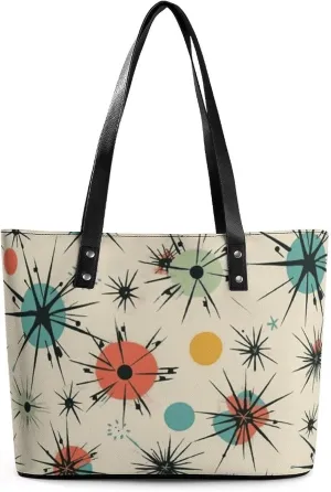 Exquisite Leather Lady's Handbag, Atomic Stars Retro Pattern Printed Handbag Lychee Patterned Leather Handbag Suitable for Women for Travel, Fitness, And Commuting