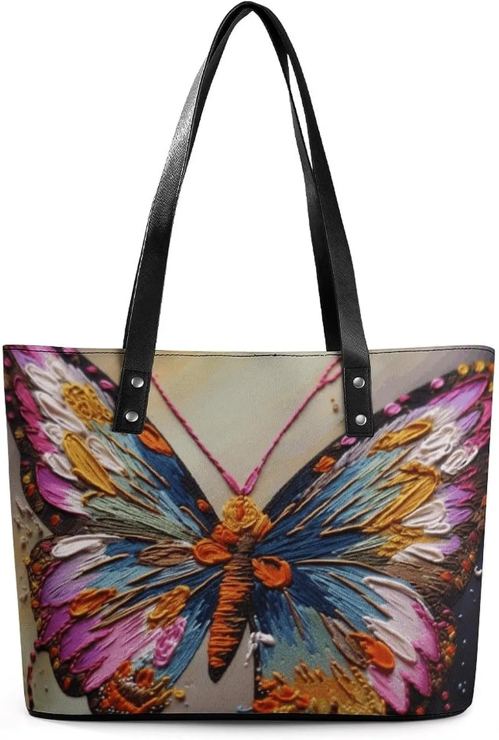 Exquisite Leather Lady's Handbag, Embroidery Colorful Butterfly Printed Handbag Lychee Patterned Leather Handbag Suitable for Women for Travel, Fitness, And Commuting