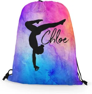 FAN STAR Personalized Gymnastics Drawstring Bag, Gymnast Stag Pose Design Watercolor Backpack Bag