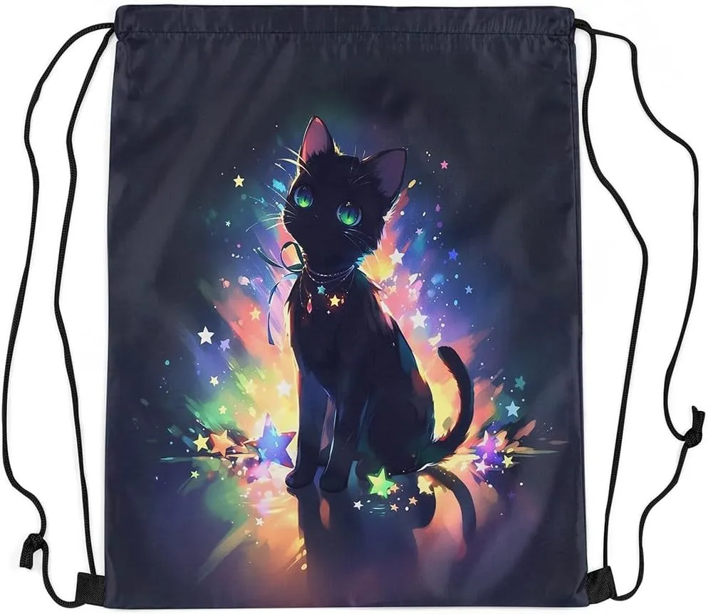 Feelyou Black Cat Drawstring Backpack 13"x15.7" Cute Kitten Sports Drawstring Sackpack for Star Cat Drawstring Bags Women Men Animals Waterproof Cinch Bag