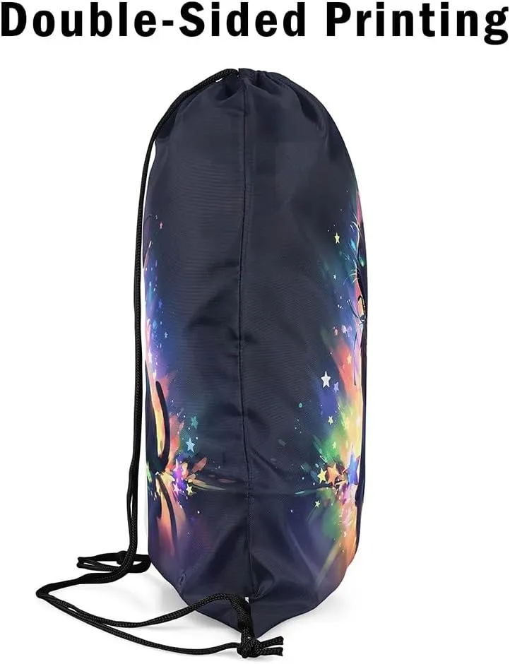 Feelyou Black Cat Drawstring Backpack 13"x15.7" Cute Kitten Sports Drawstring Sackpack for Star Cat Drawstring Bags Women Men Animals Waterproof Cinch Bag