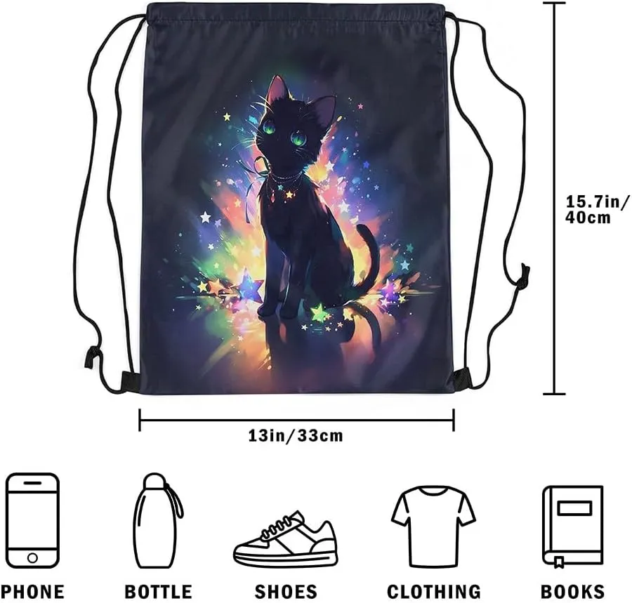 Feelyou Black Cat Drawstring Backpack 13"x15.7" Cute Kitten Sports Drawstring Sackpack for Star Cat Drawstring Bags Women Men Animals Waterproof Cinch Bag