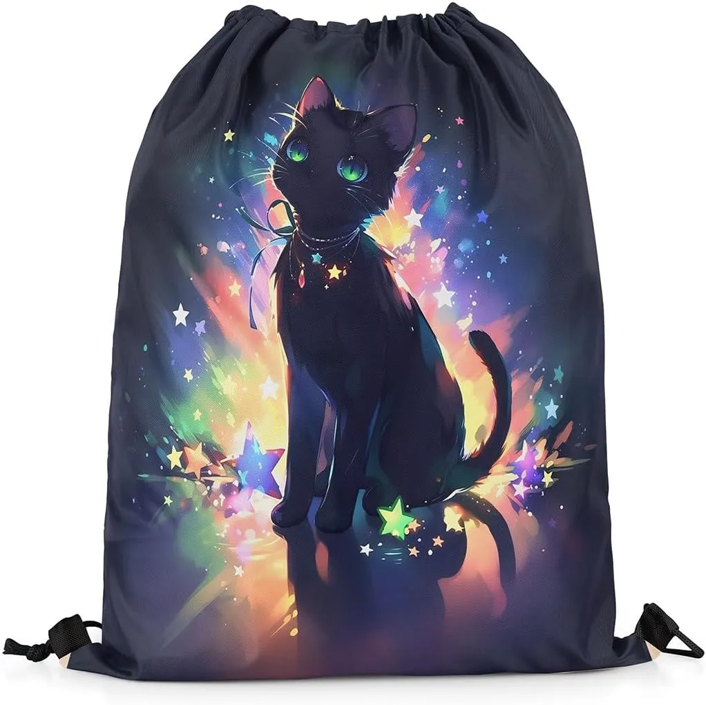 Feelyou Black Cat Drawstring Backpack 13"x15.7" Cute Kitten Sports Drawstring Sackpack for Star Cat Drawstring Bags Women Men Animals Waterproof Cinch Bag