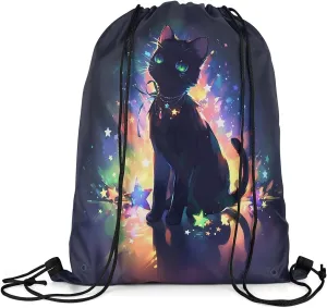 Feelyou Black Cat Drawstring Backpack 13"x15.7" Cute Kitten Sports Drawstring Sackpack for Star Cat Drawstring Bags Women Men Animals Waterproof Cinch Bag