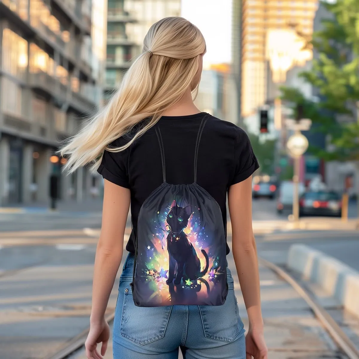 Feelyou Black Cat Drawstring Backpack 13"x15.7" Cute Kitten Sports Drawstring Sackpack for Star Cat Drawstring Bags Women Men Animals Waterproof Cinch Bag