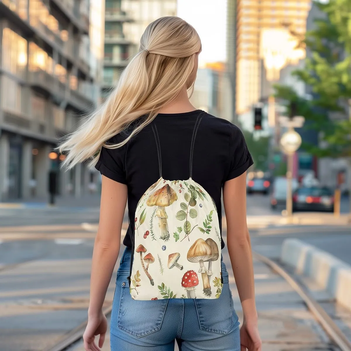 Feelyou Cute Mushroom Gym String Bag 13"x15.7" Kawaii Fungus Drawstring Backpack Decor Wild Mushroom Drawstring Bags Microfiber Garden Waterproof Cinch Bag