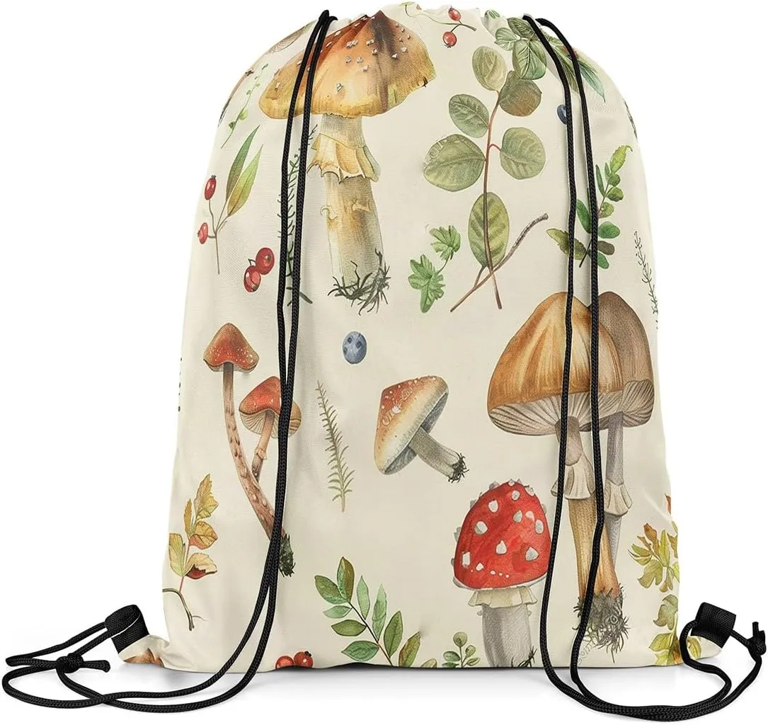 Feelyou Cute Mushroom Gym String Bag 13"x15.7" Kawaii Fungus Drawstring Backpack Decor Wild Mushroom Drawstring Bags Microfiber Garden Waterproof Cinch Bag